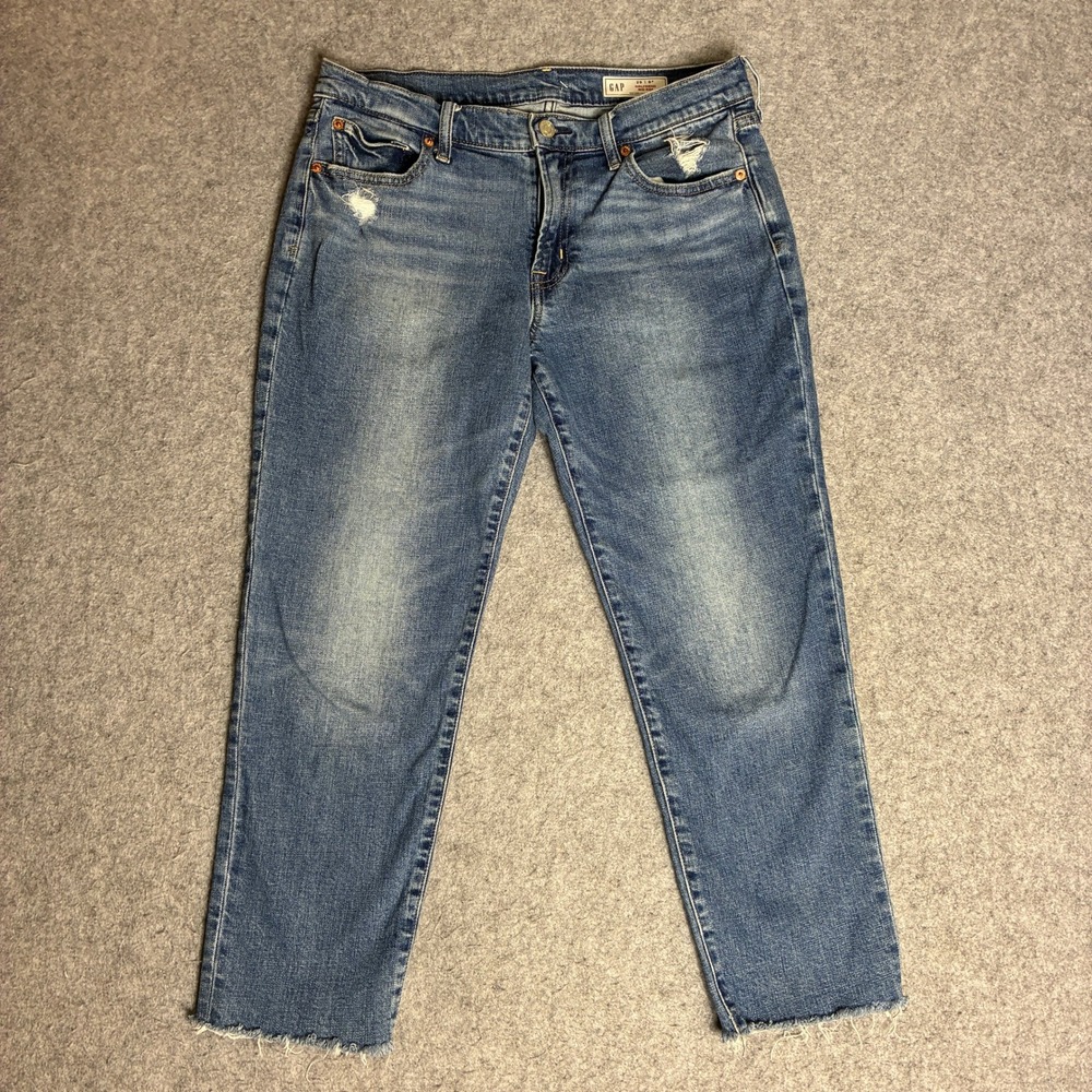 Gap Girlfriend Jeans Womens 29 8P 32x24 Blue Mid Rise Distressed Raw Hem